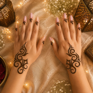 Two hands with fresh brown henna designs on the backs of the hands and fingers, styled with nude pink nails, warm fairy lights, white flowers, and decorative lanterns on soft beige fabric.
