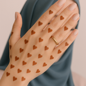 Henna design of repeating small heart shapes on the back of the hand