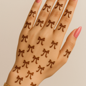 Henna stencil featuring repeating bow designs on the back of the hand