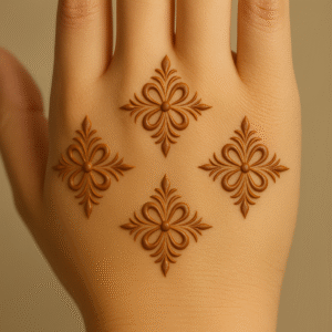 Henna stencil with four diamond-shaped ornamental floral motifs on the back of the hand