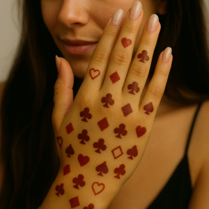 Card-themed henna stencil on a woman's hand featuring red heart, diamond, club, and spade shapes.