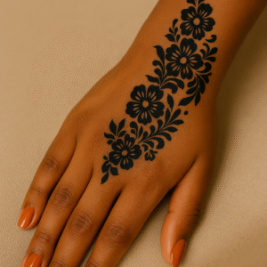 Top of a woman’s hand with dark floral henna stencil applied in a vertical trail pattern, paired with nude orange nail polish on medium brown skin.