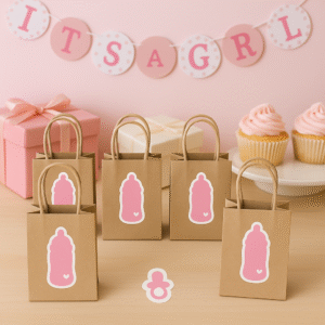 Baby shower gift table with kraft paper favor bags decorated with pink baby bottle stickers, cupcakes, gift boxes, and ‘It’s a Girl’ banner in the background