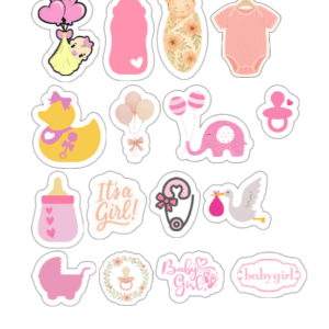 Baby shower girl-themed sticker sheet featuring onesies, pacifiers, balloons, duck, baby in blanket, stroller, and floral elements in pink and pastel tones