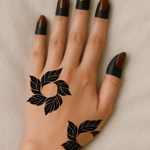 Black circular botanical stencil featuring leafy ring shapes applied to hand, fingers, and wrist.