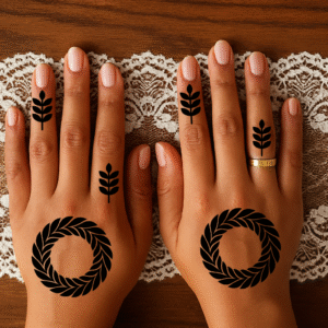 Two hands decorated with Craftiqi Ring stencil: bold circular leaf wreath on back of hands and minimal vertical sprigs on fingers.