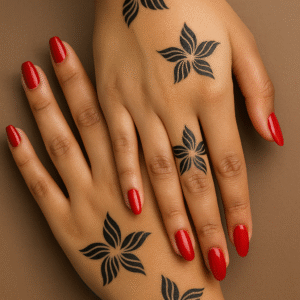 hands decorated with floral henna stencil designs, featuring black five-petal flowers and red polished nails.