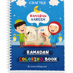Ramadan kids coloring book cover featuring Muslim children reading and drawing with lanterns and crescent moon, spiral bound.