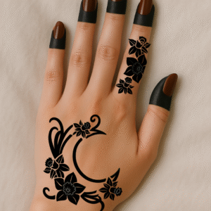Floral crescent moon henna design on the back of a woman’s hand with matching finger florals.