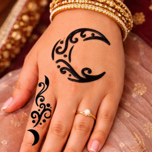 Crescent swirl henna design on the back of a woman’s hand with matching finger detail and gold bangles.