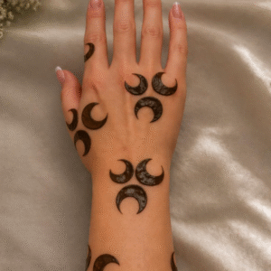 Woman's hand with black crescent moon henna designs on the fingers, back of the hand, and forearm, displayed on a beige satin fabric background.