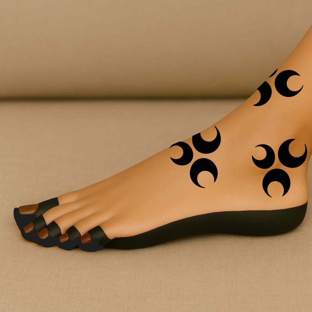 Feet with crescent moon henna stencil design arranged in a minimal tribal pattern on top of the foot and ankle