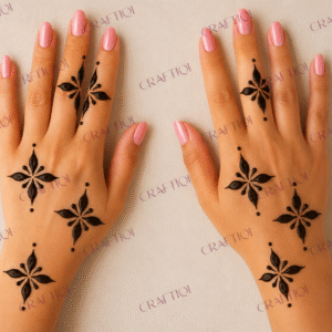 Two hands with glossy pink nails wearing simple black floral henna designs created using Craftiqi henna stencils.