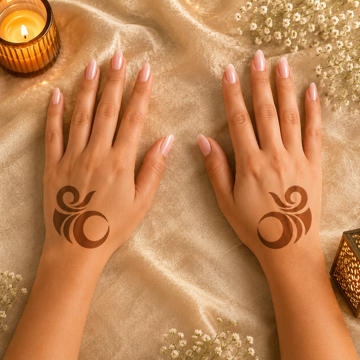 Close-up of two hands with brown Sudanese henna swirl circle designs on the backs of the hands, styled on soft golden fabric with white flowers, a candle, and a decorative lantern.