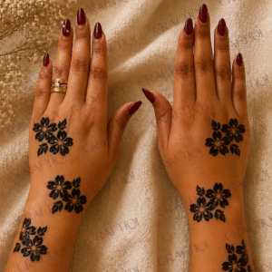 Top view of two hands with glossy black floral henna designs on the back of the hands and wrists, styled with burgundy nails and gold rings on a soft beige fabric background.