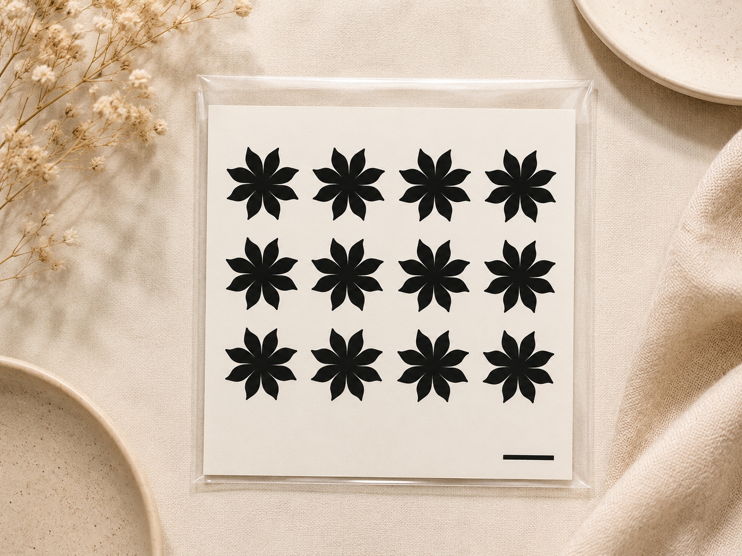 Black sunburst flower temporary henna tattoo designs on 4x6 sheet