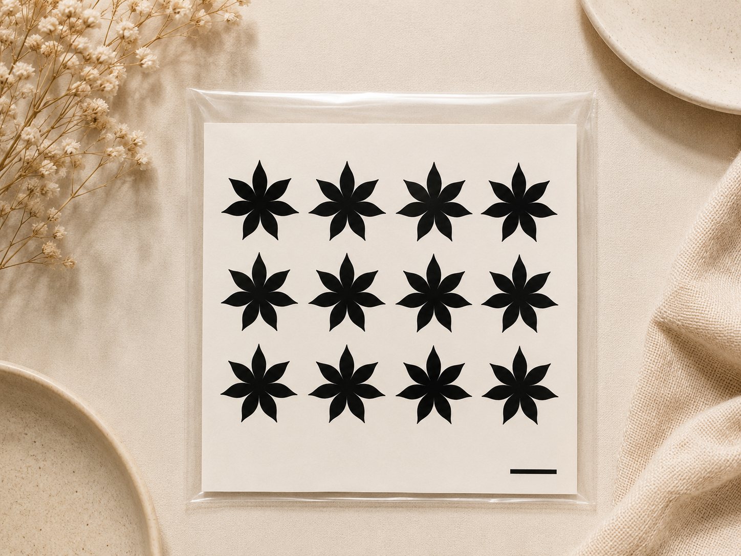Black star flower temporary henna tattoo designs on 4x6 sheet