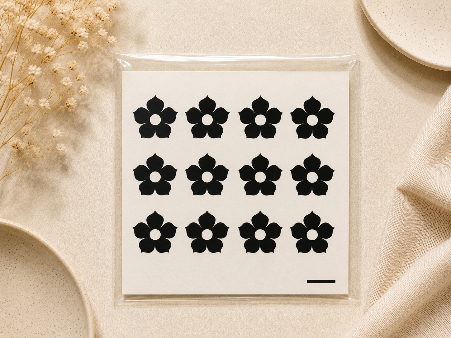 Black floral temporary henna tattoo sheet with small flower designs